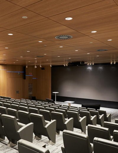 Paneles madera microperforada sala de conferencia universidad revestimiento acústico